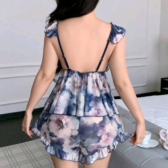 Romantic Ruffled Floral Print Sexy Mesh Women's Pajama Set - Picture 4 of 4